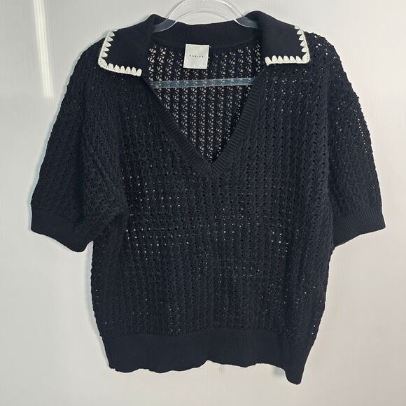 Varley Monte V-Neck Knit Polo Top Black White Contrast Collar Open Knit  XL - Picture 2 of 9